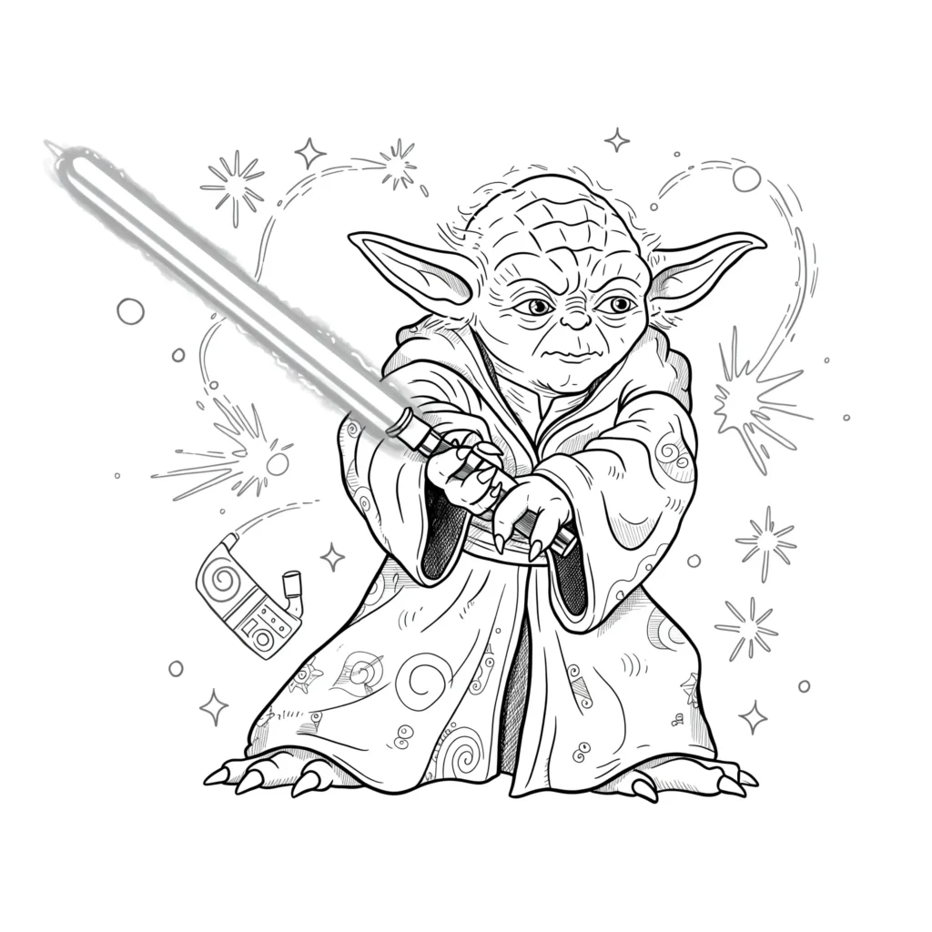 24 Star Wars Ausmalbilder (Gratis Malvorlage zum Ausdrucken) Yoda Ausmalbild beim Kampf mit dem Lichtschwert. Perfekt zum Ausdrucken und Ausmalen für Kinder