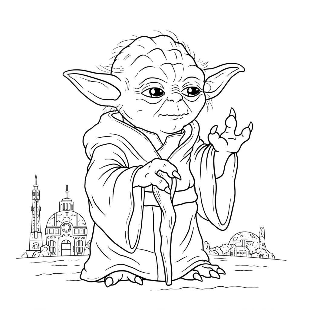 24 Star Wars Ausmalbilder (Gratis Malvorlage zum Ausdrucken) Kostenloses Yoda Ausmalbild, der die Macht benutzt. Perfekt zum Ausdrucken und Ausmalen für Kinder und Fans.