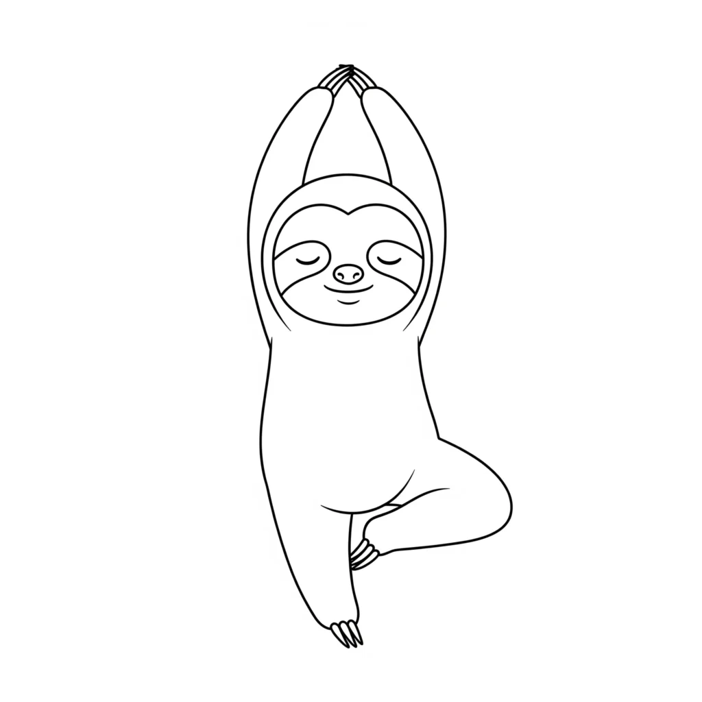 Faultier ausmalbild zum Ausdrucken kostenlos. Das Faultier steht auf einem Bein in der Yoga-Baumhaltung – ideal als ruhige und kreative Malvorlage für Kinder oder Erwachsene.