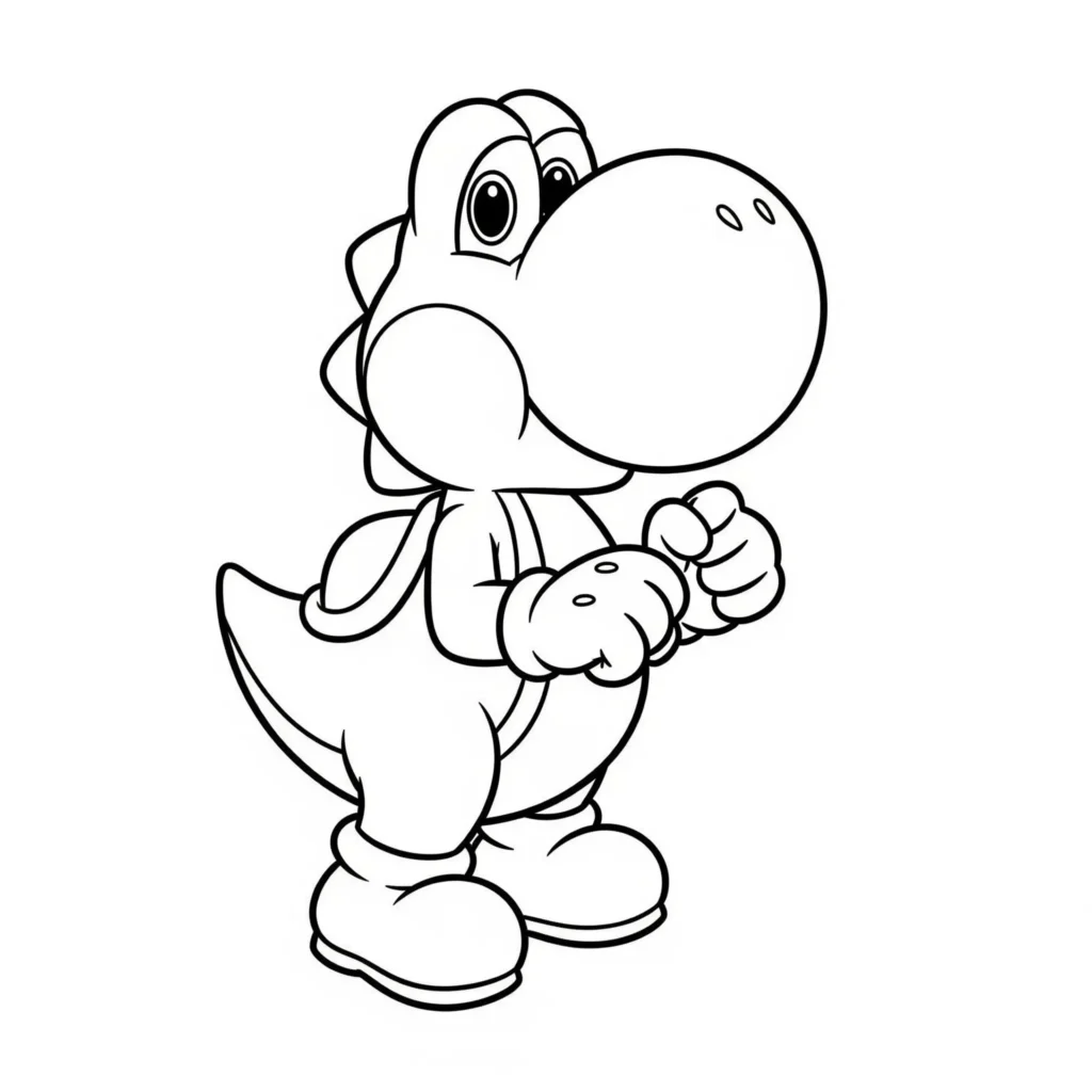 Kostenloses Ausmalbild mit Yoshi aus Mario Kart auf der Rennstrecke. Als PDF drucken, ideal für Kinder, Erwachsene und Fans des Spiels.