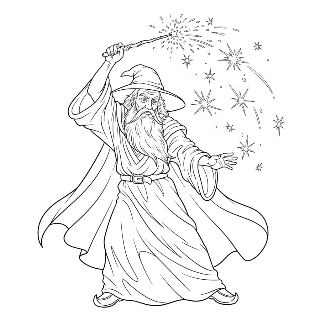 Zauberer Ausmalbilder (Gratis Malvorlage zum Ausdrucken) Magische Zauberer Malvorlage für Kinder mit funkelnden Effekten beim Ausführen eines Zauberspruchs als PDF-Vorlage