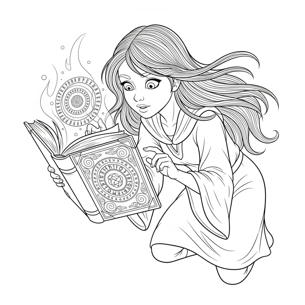 Zauberer Ausmalbilder (Gratis Malvorlage zum Ausdrucken) Zauberer mit einem Magier, der ein Zauberbuch liest – als kreative Malvorlage im PDF-Format für Kinder geeignet