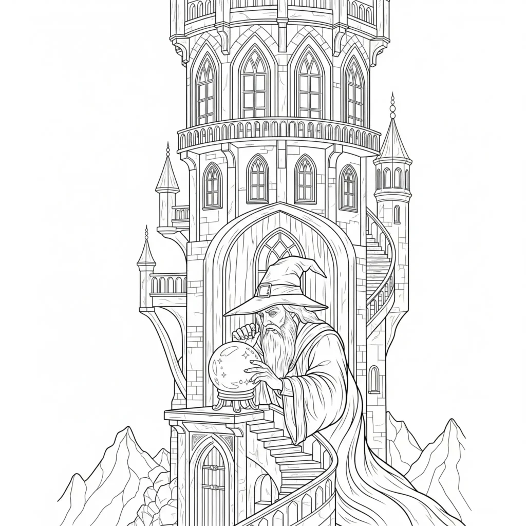 Zauberer Ausmalbilder (Gratis Malvorlage zum Ausdrucken) Zauberer Malvorlage für Kinder mit einer Figur im Turm, die in eine Kristallkugel schaut – als PDF kostenlos ausdruckbar