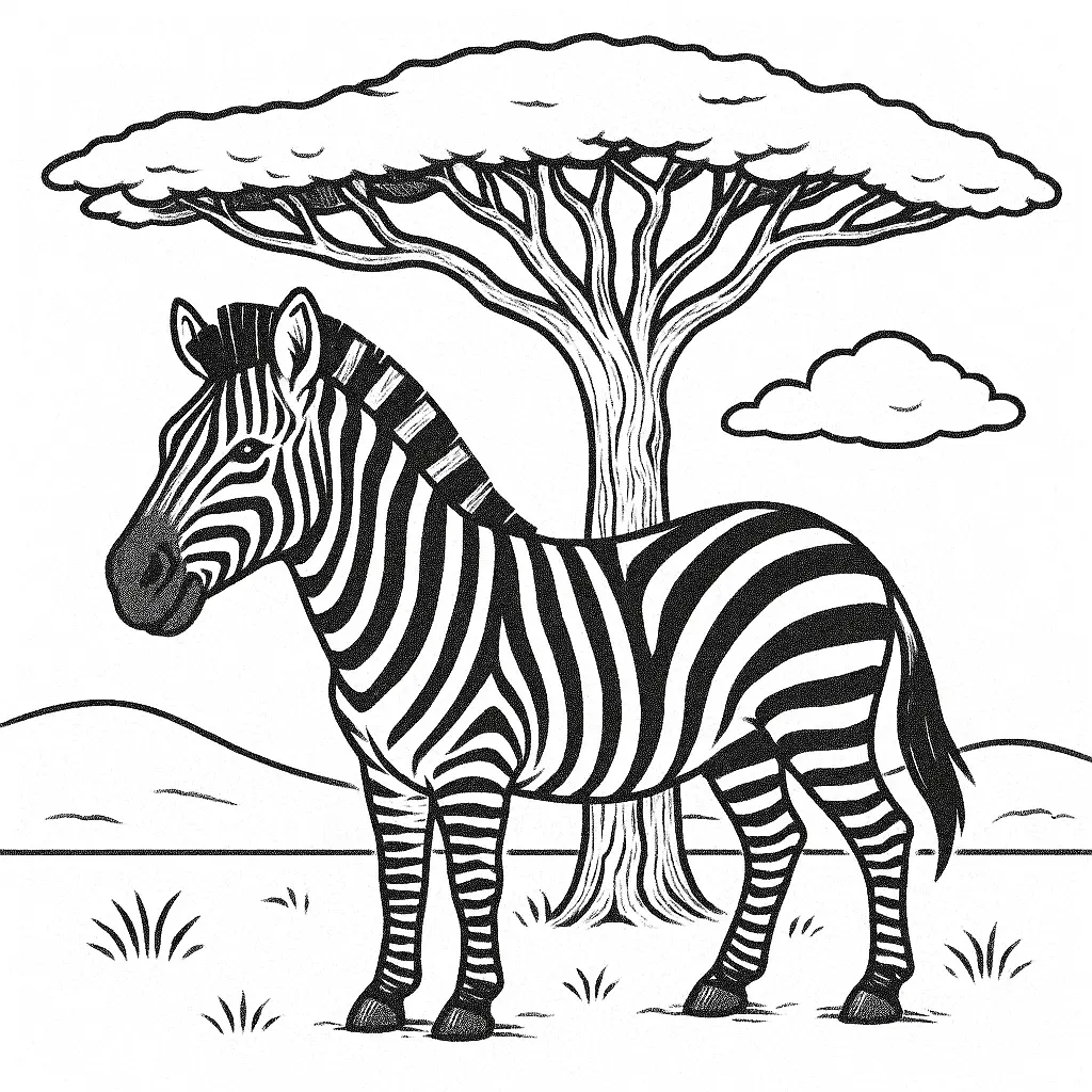Zebra Ausmalbild – Zebra steht unter einem Akazienbaum auf der afrikanischen Savanne, als PDF zum Ausdrucken