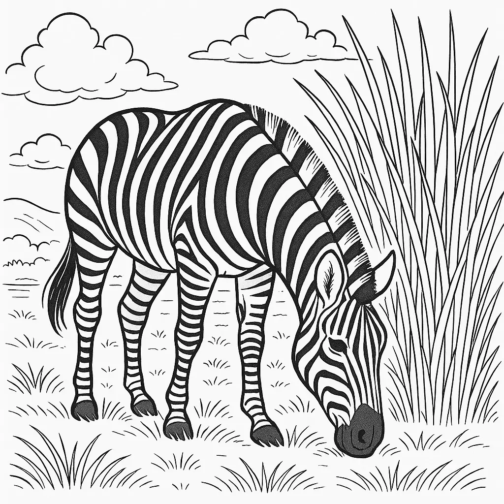 Zebra Ausmalbild – Zebra grast neben hohem Gras auf der Savanne, als PDF zum Ausdrucken