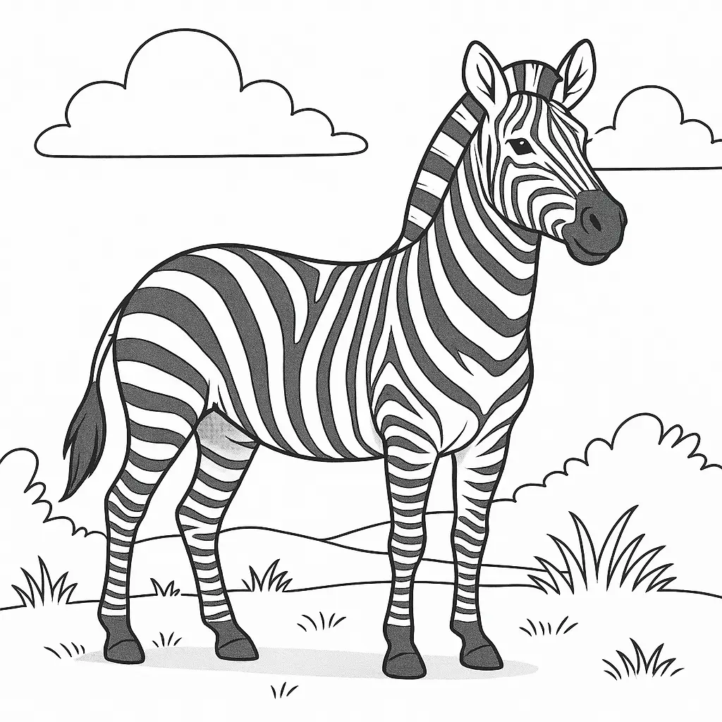 Schönes Zebra Ausmalbild – Zebra steht stolz auf einer Wiese zum Ausdrucken als PDF