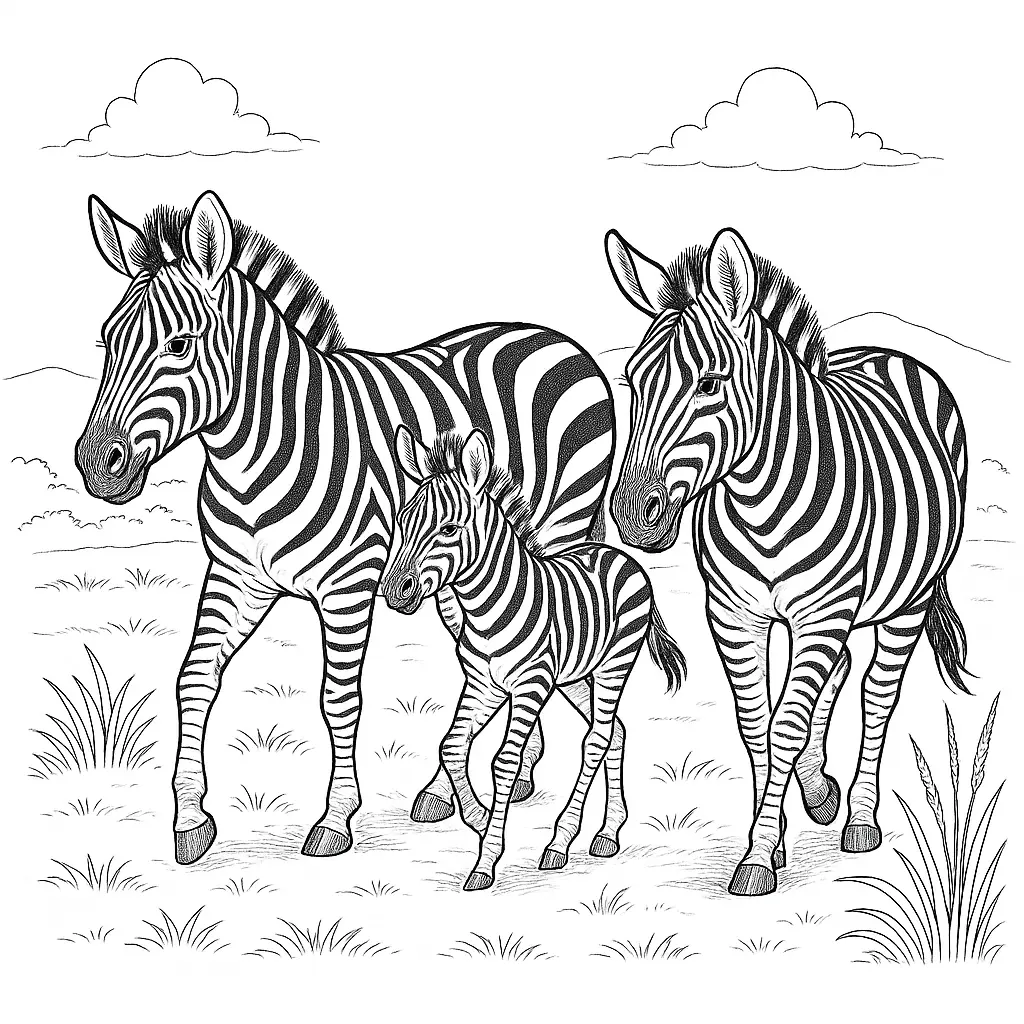 Zebra Familie Ausmalbild – Drei Zebras gehen nebeneinander durch die Savanne, als PDF zum Ausdrucken