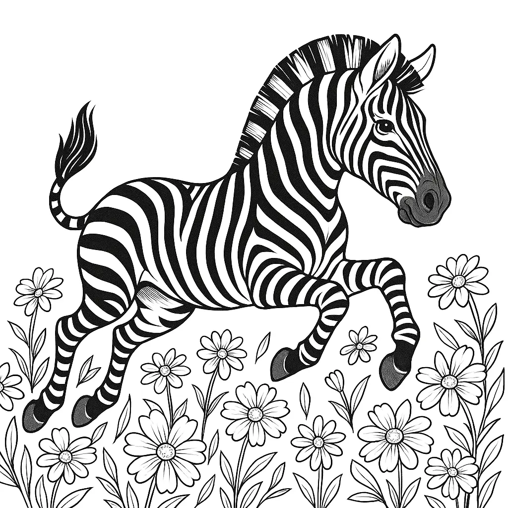 Zebra Ausmalbild – Zebra springt durch ein Feld voller Frühlingsblumen, als PDF zum Ausdrucken
