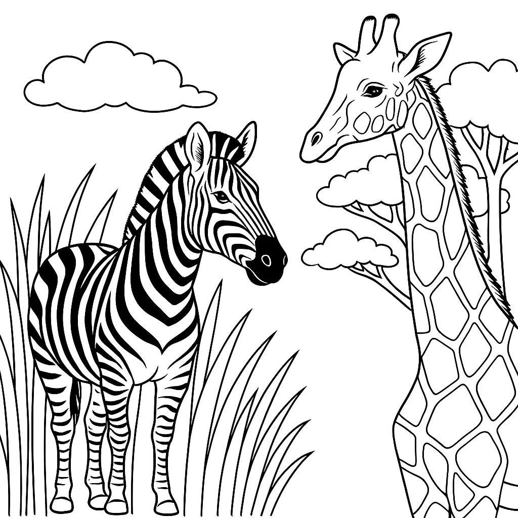 Ausmalbild mit Zebra und Giraffe auf der Savanne – kostenlos als PDF zum Ausdrucken