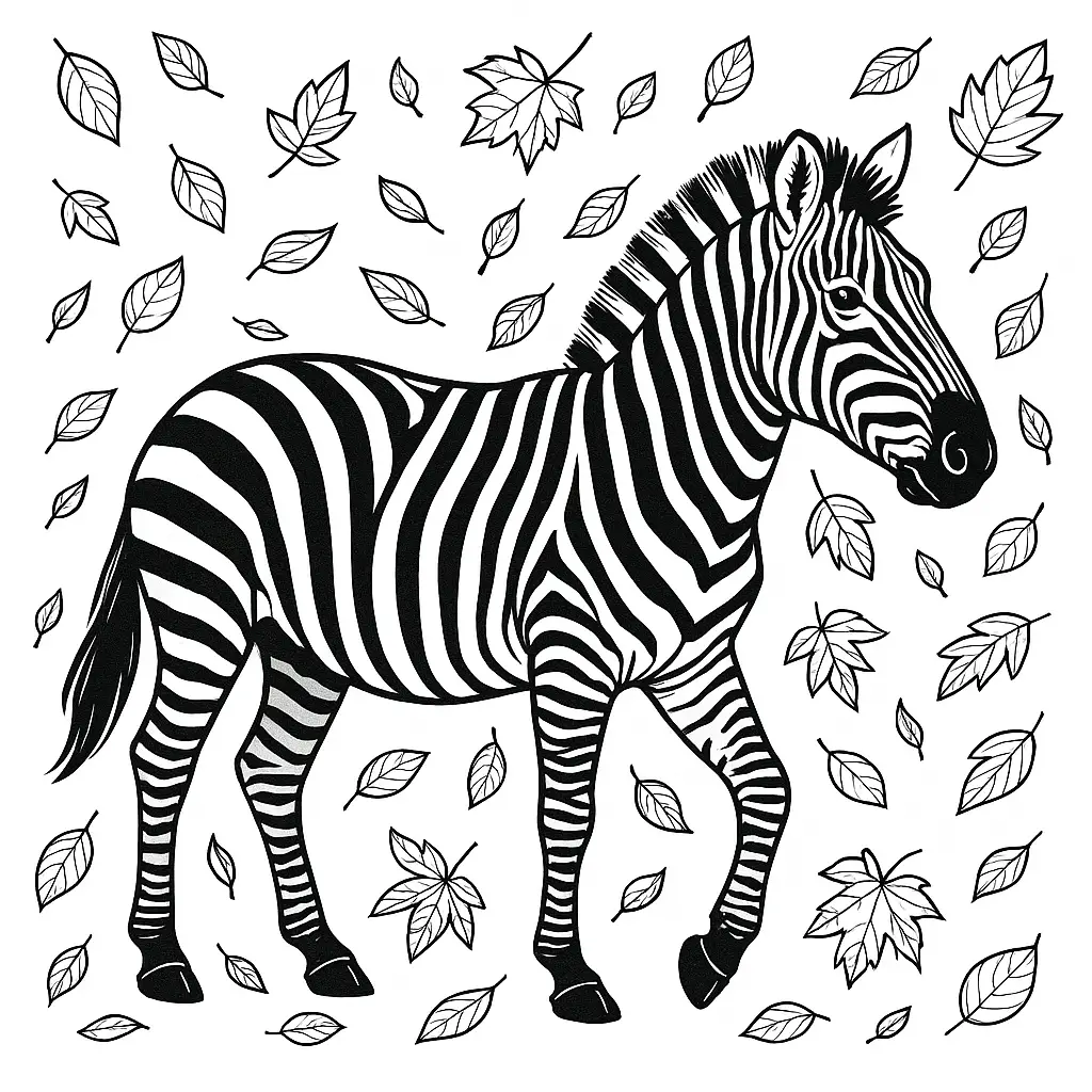 Zebra Ausmalbild – Zebra mit fallenden Herbstblättern als PDF kostenlos zum Ausdrucken