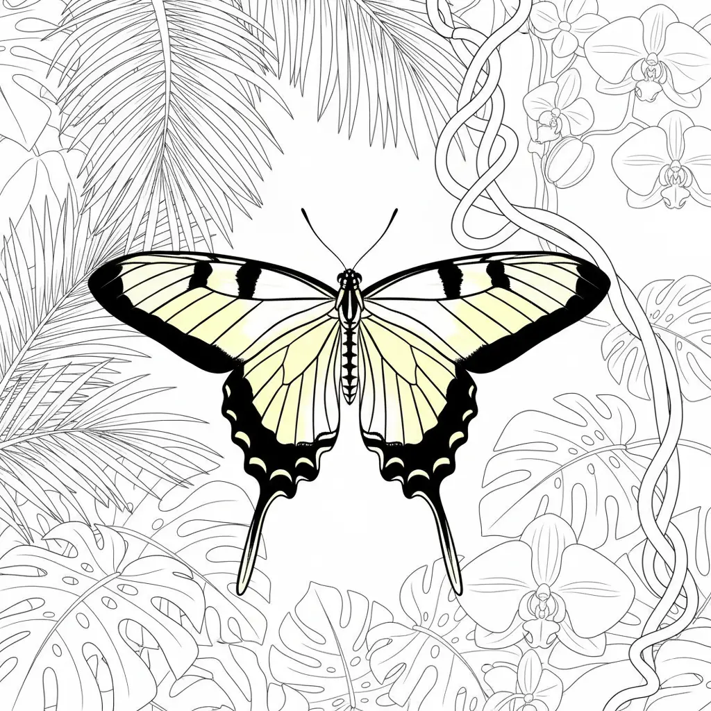 30+ Schmetterling Ausmalbilder (Gratis Malvorlage zum drucken) Ein Zebra-Langenflügel-Schmetterling mit langen, gestreiften Flügeln fliegt über Blumen und bietet eine tolle Vorlage zum farbenfrohen Ausmalen.