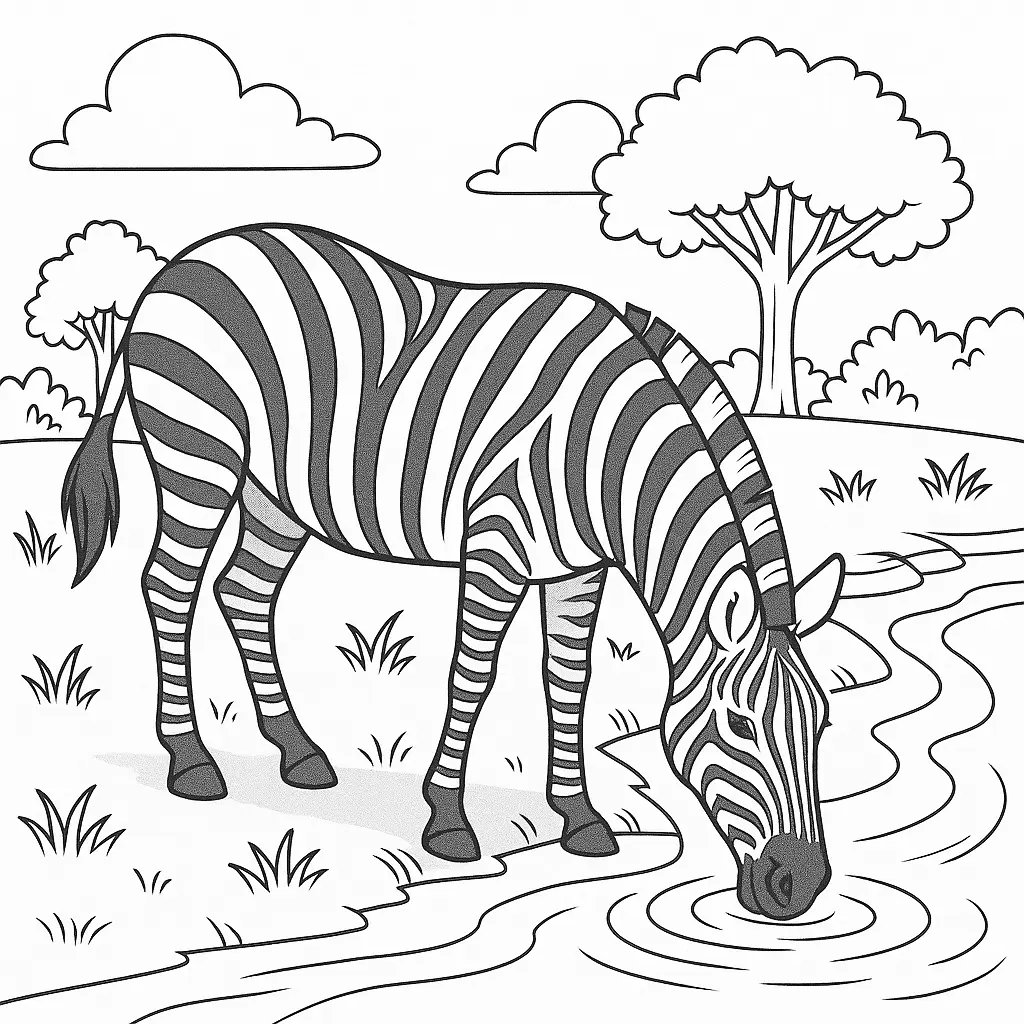 Zebra Malvorlage – Zebra trinkt Wasser am Flussufer als PDF zum Ausdrucken