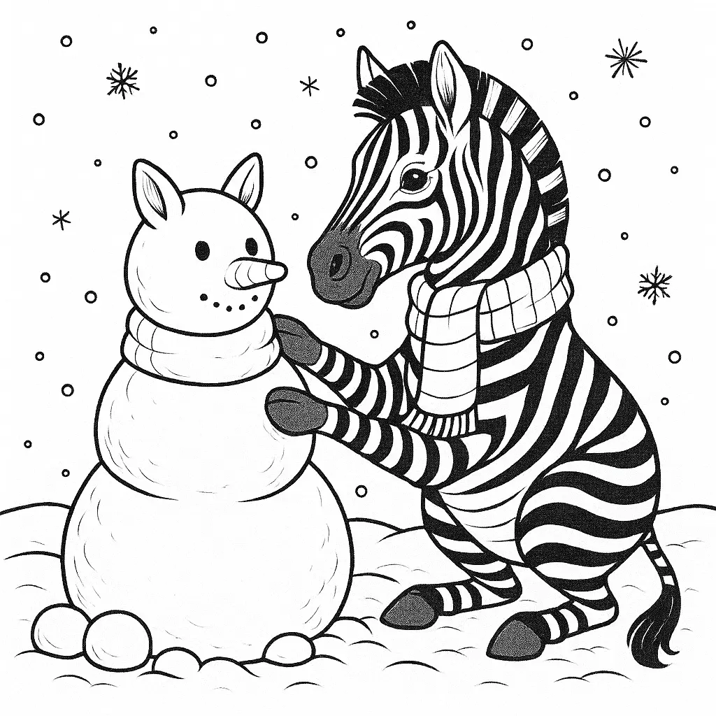 Zebra Ausmalbild – Zebra mit Schal baut im Schnee einen Zebra-Schneemann, als PDF zum Ausdrucken