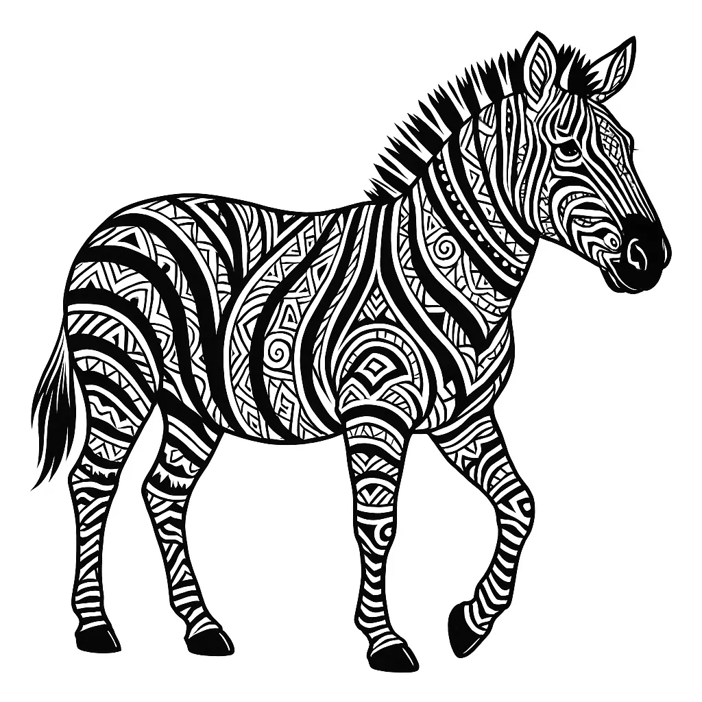 Zebra Ausmalbild mit Tribal-Muster – afrikanisch inspiriertes Design als PDF zum Ausdrucken