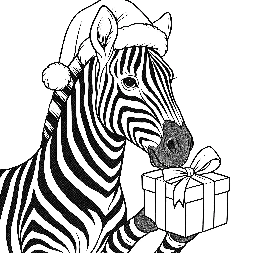 Zebra Ausmalbild – Zebra mit Weihnachtsmütze hält Geschenk in der Hand als PDF zum Ausdrucken