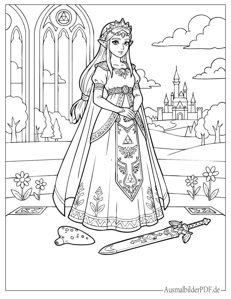 Ausmalbild von Zelda als mutige Heldin in einer Fantasy Szene, perfekt für Kinder zum kreativen Ausmalen und Drucken