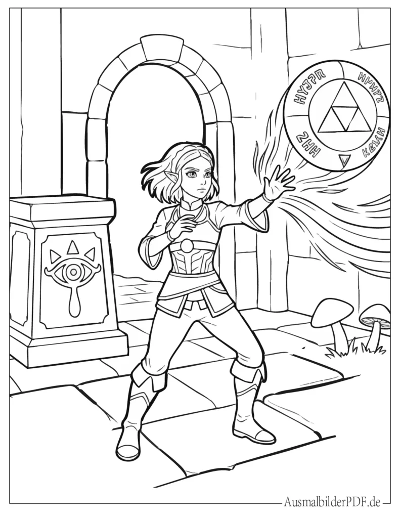 Malvorlage von Zelda beim Zaubern in einer magischen Pose, ideal für Kinder zum Ausmalen und Drucken
