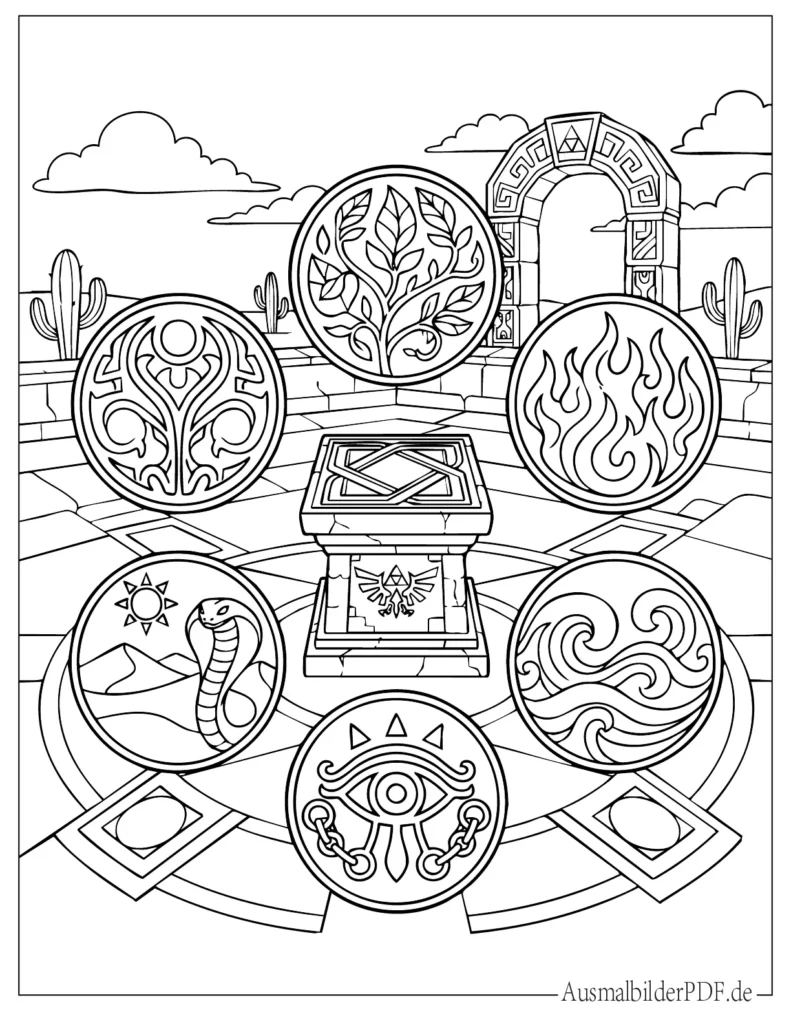 Ausmalblatt mit Zeldas magischen Medaillons, perfekt für Kinder zum Ausmalen und kreativen Spielen
