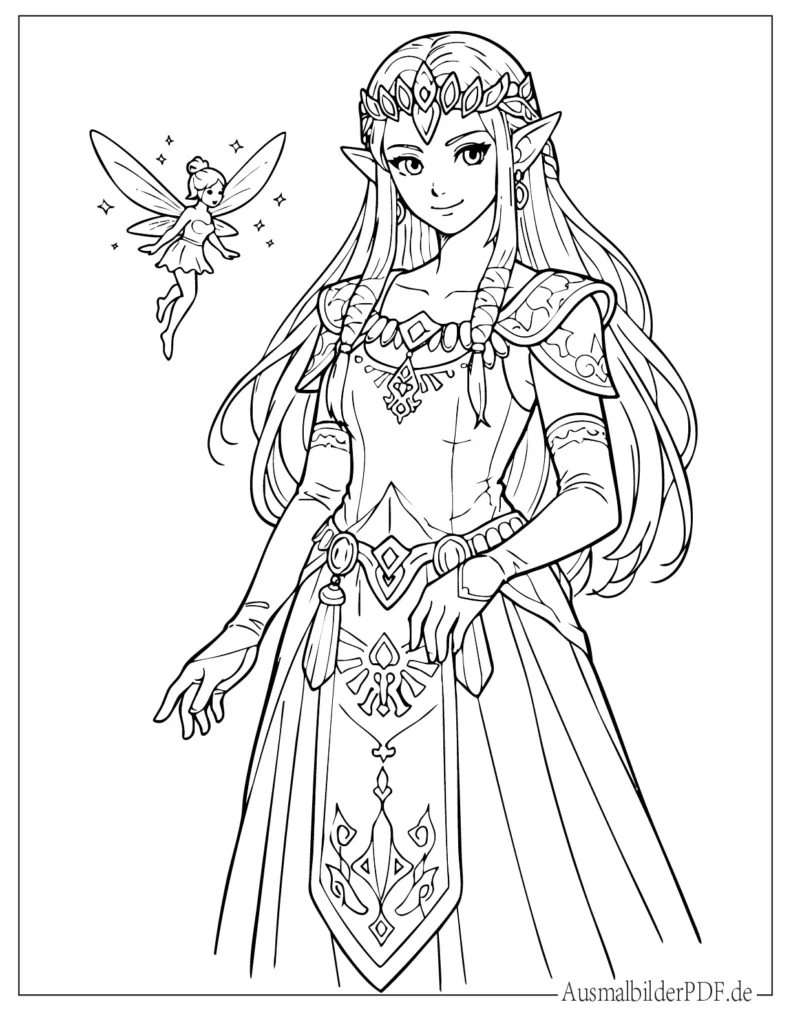 Malvorlage von Zelda zusammen mit einer kleinen Fee, perfekt für Kinder zum Ausmalen und Drucken