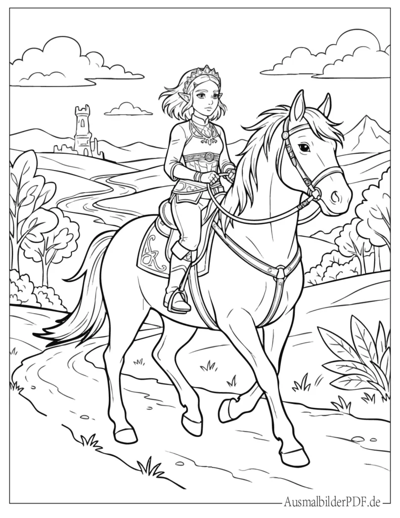 Ausmalblatt von Zelda, die auf einem Pferd reitet, ideal für Kinder zum Ausmalen und Drucken