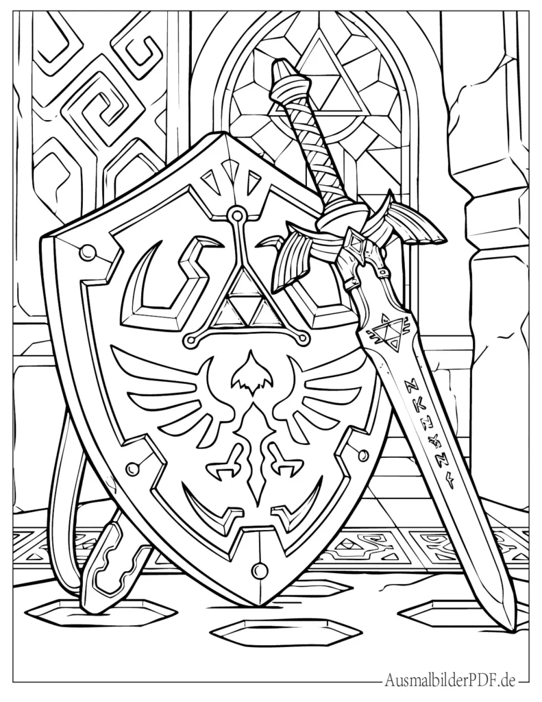 Druckvorlage von Zelda mit Schild und Schwert in Aktion, ideal für Kinder zum Ausmalen und Drucken