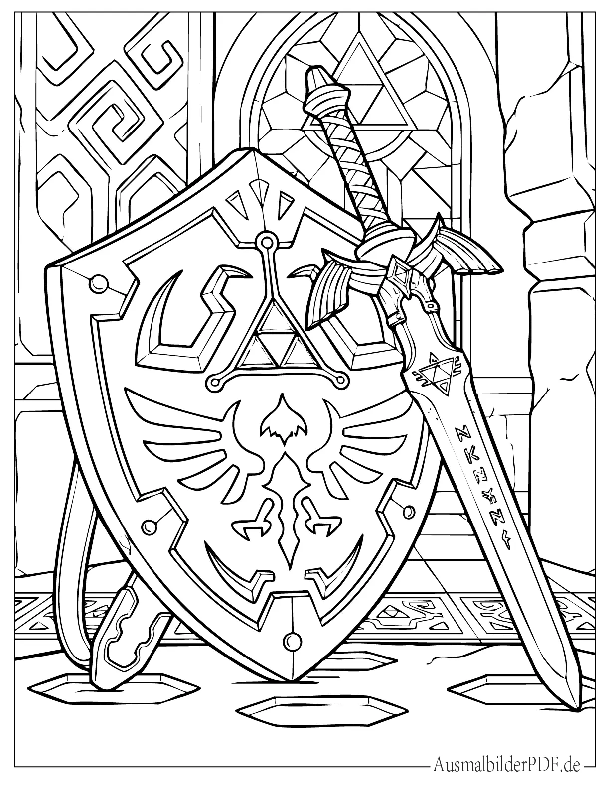Detailliertes Zelda Schild und Schwert druckbares Ausmalbild