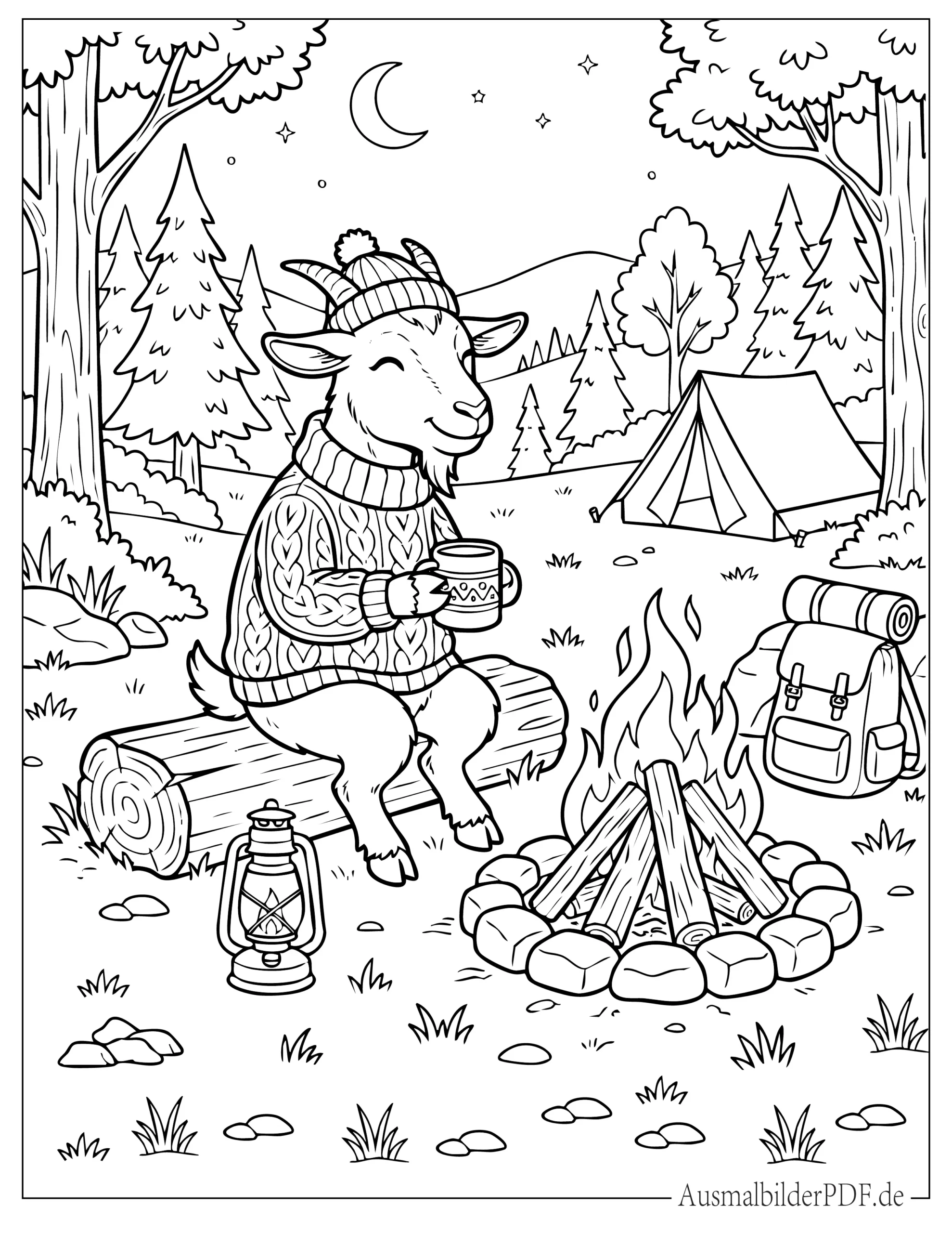 Ziege sitzt am Lagerfeuer im Wald Ausmalbild