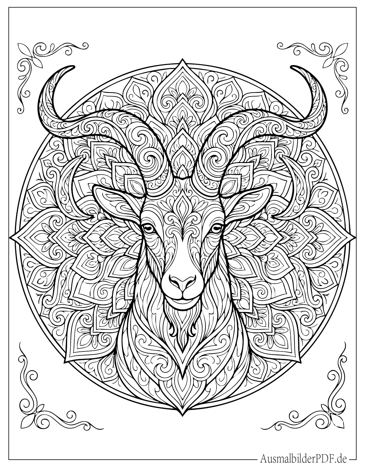 Detailreiches Ziege Mandala Malvorlage für Erwachsene zum Ausmalen.