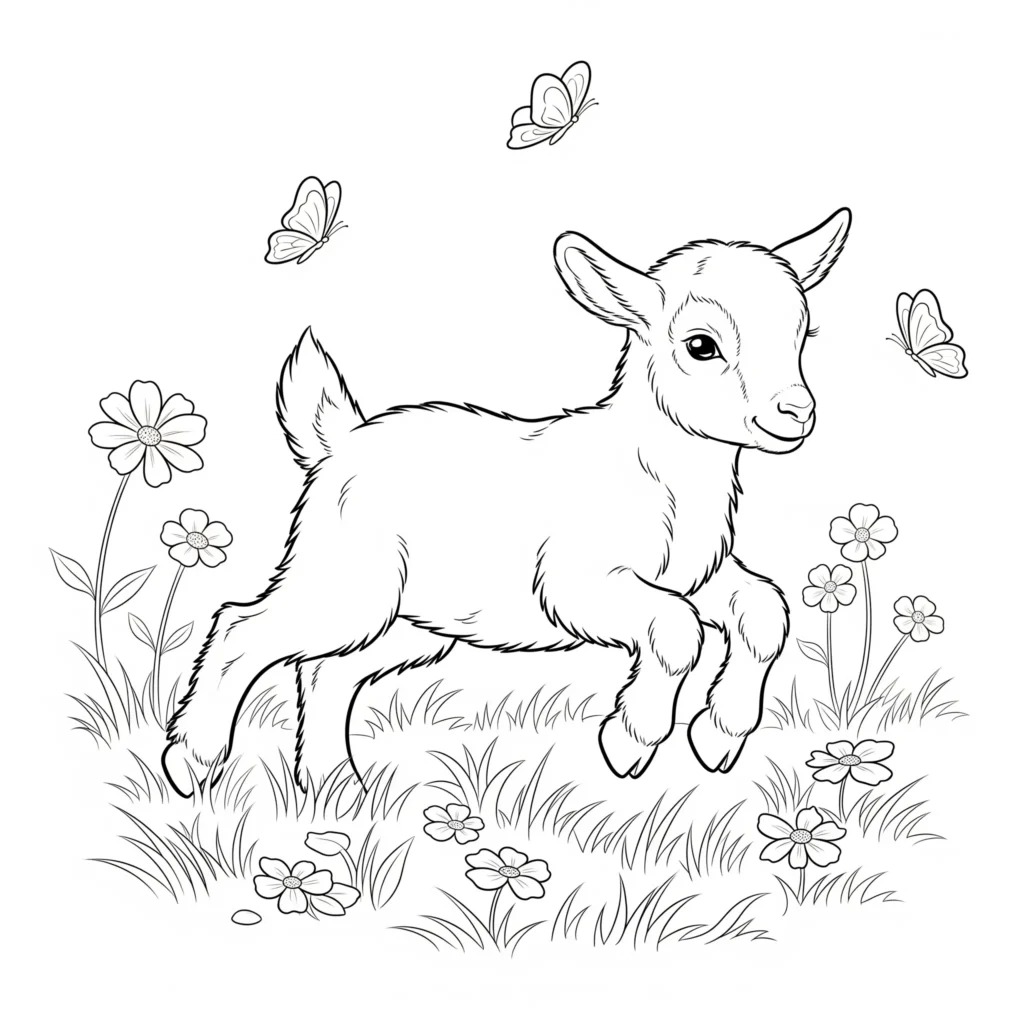 Verspieltes ziegenbaby springt auf einer blumenwiese herum in dieser ausmalvorlage für kinder als pdf zum ausdrucken geeignet