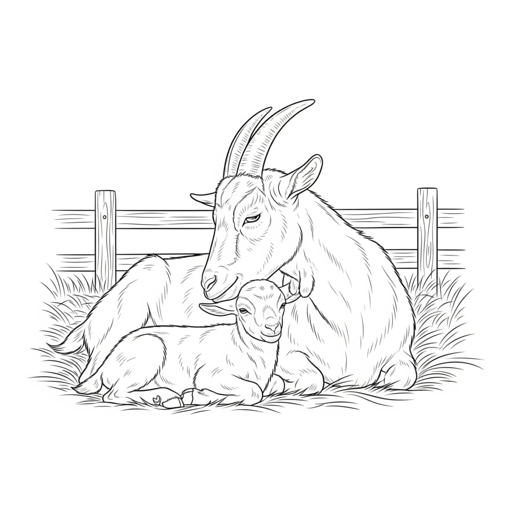 Liebevolles ziegen ausmalbild zeigt eine mutterziege die eng an ihr kleines baby gekuschelt liegt ideal als ruhige malvorlage für kinder