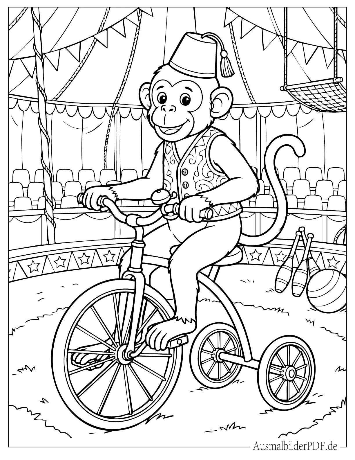 Zirkus Affe fährt Dreirad zum Ausmalen