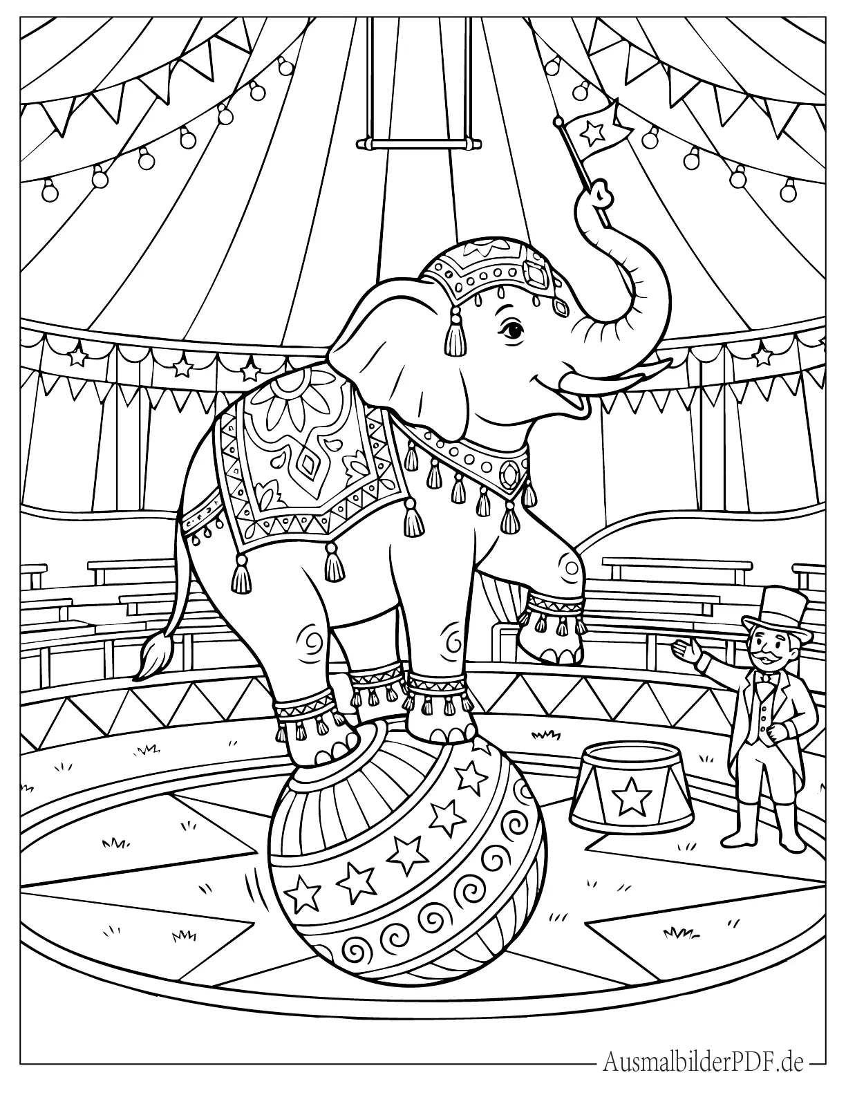 Zirkus Elefant balanciert auf Ball Ausmalvorlage