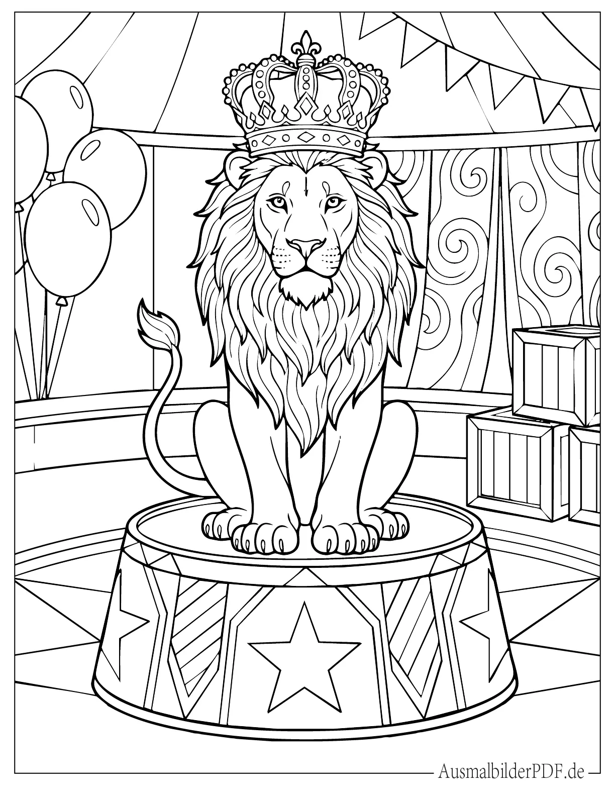 Majestätischer Löwe mit Krone sitzt auf einer Trommel im Zirkus als kreative Ausmalvorlage für Kinder zum Ausmalen.