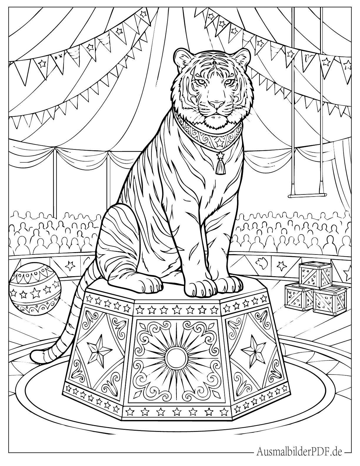 Ein stolzer Zirkus Tiger sitzt auf einem Auftrittspodest als spannende Ausmalvorlage für Kinder im Zirkus Thema.