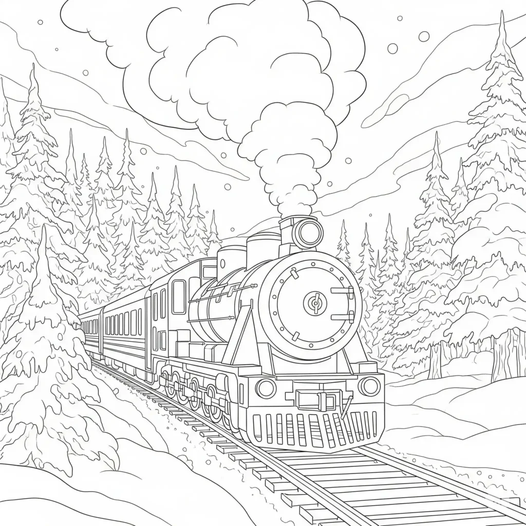 Ausmalbild eines Zuges in winterlicher Landschaft zum Ausdrucken und Ausmalen für Kinder