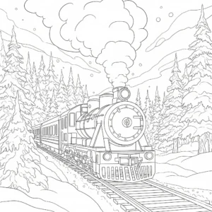 Ausmalbild eines Zuges in winterlicher Landschaft zum Ausdrucken und Ausmalen für Kinder