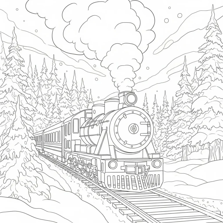 Ausmalbild eines Zuges in winterlicher Landschaft zum Ausdrucken und Ausmalen für Kinder