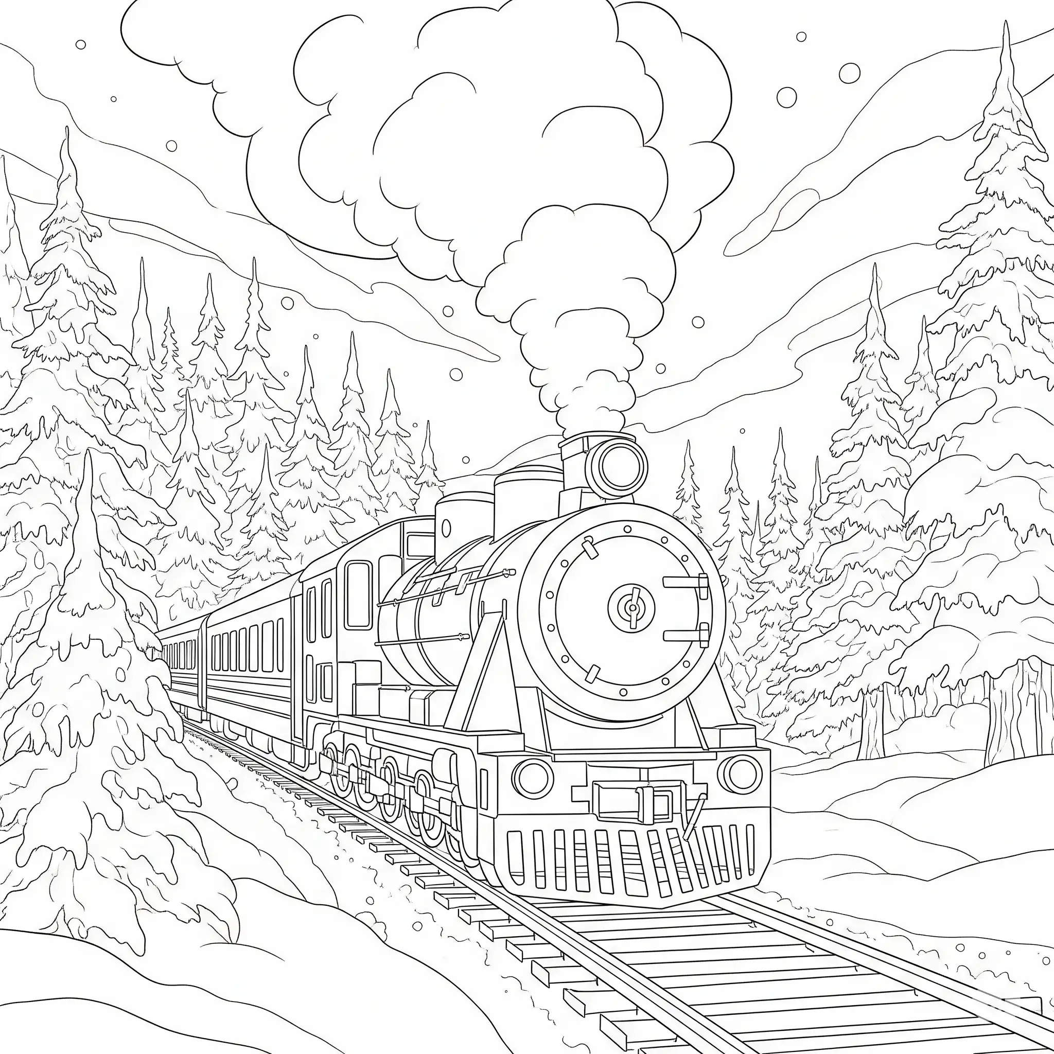 Ausmalbild eines Zuges in winterlicher Landschaft zum Ausdrucken und Ausmalen für Kinder