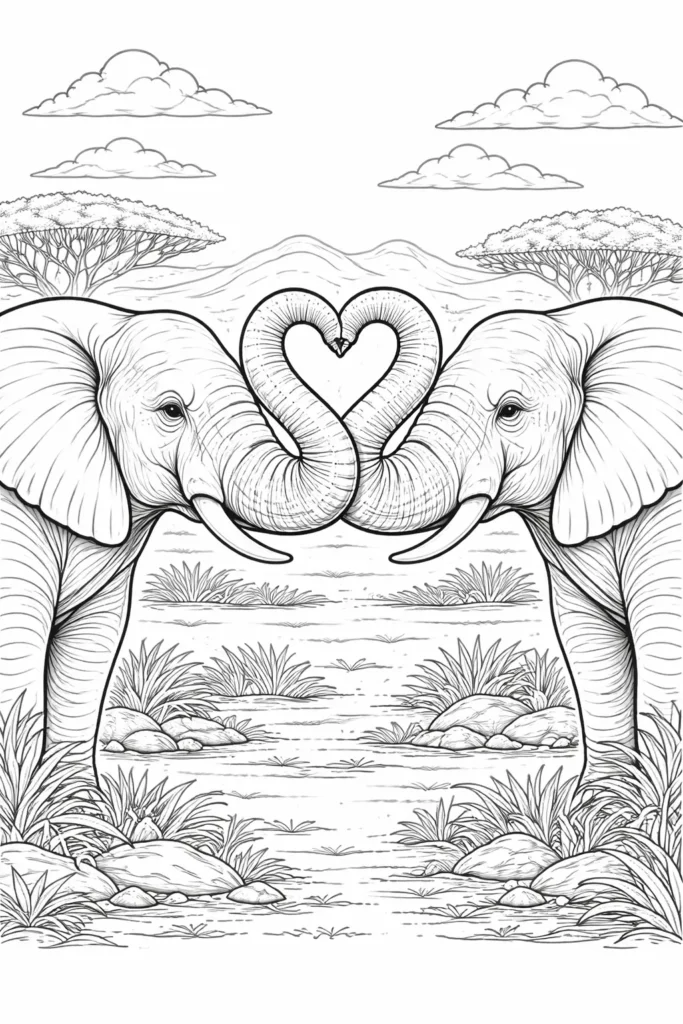 Ein ausmalbild zeigt zwei Elefanten deren Rüssel ein Herz bilden in einer ruhigen Landschaft und kreative Freude für Kinder und Erwachsene schaffen