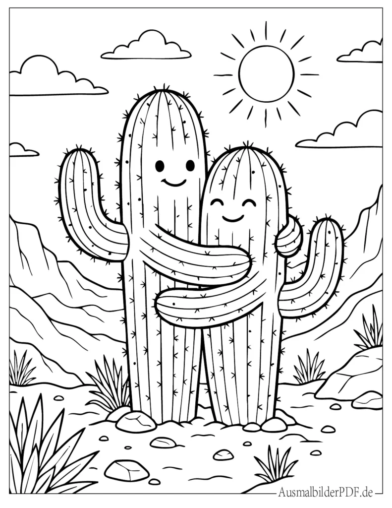Kaktus Ausmalbilder (Gratis zum Ausdrucken und Ausmalen) Zwei niedliche Kakteen umarmen sich in einer Wüstenszene, einfache Linien und freundliches Design für Kinder