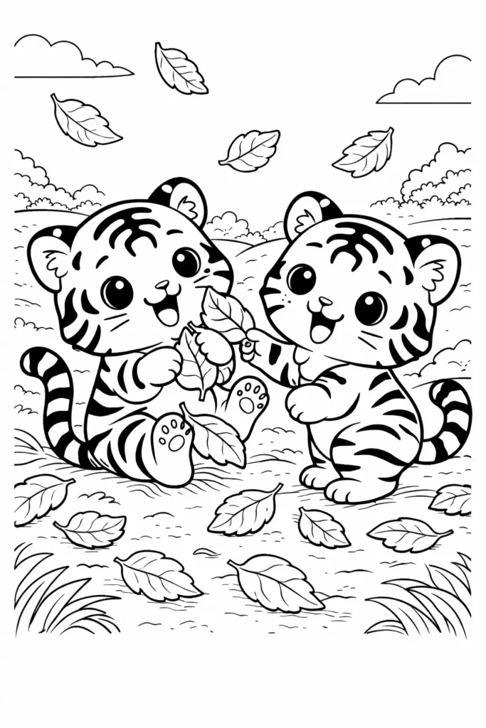 10+ Tiger Ausmalbilder (Gratis Malvorlage PDF zum drucken) Zwei kawaii Baby Tiger Cub Malvorlage zum Ausdrucken kostenlos für Kinder und Erwachsene als süßes Ausmalbild