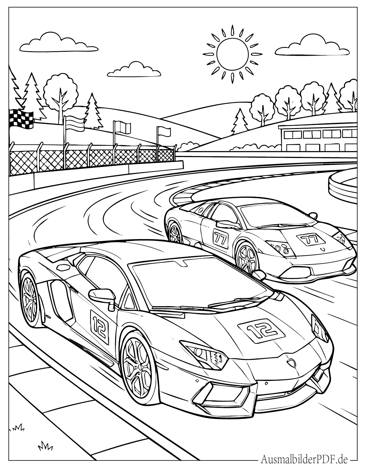 Zwei Lamborghini Autos rennen auf der Rennstrecke Ausmalbild