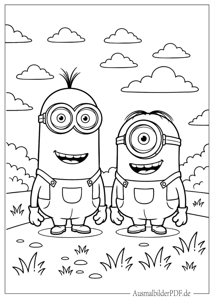 10+ Minion Ausmalbilder (Gratis Malvorlage PDF zum drucken) Ausmalblatt von zwei Minions nebeneinander, die lächeln, ideal für Kinder zum Ausdrucken und Ausmalen