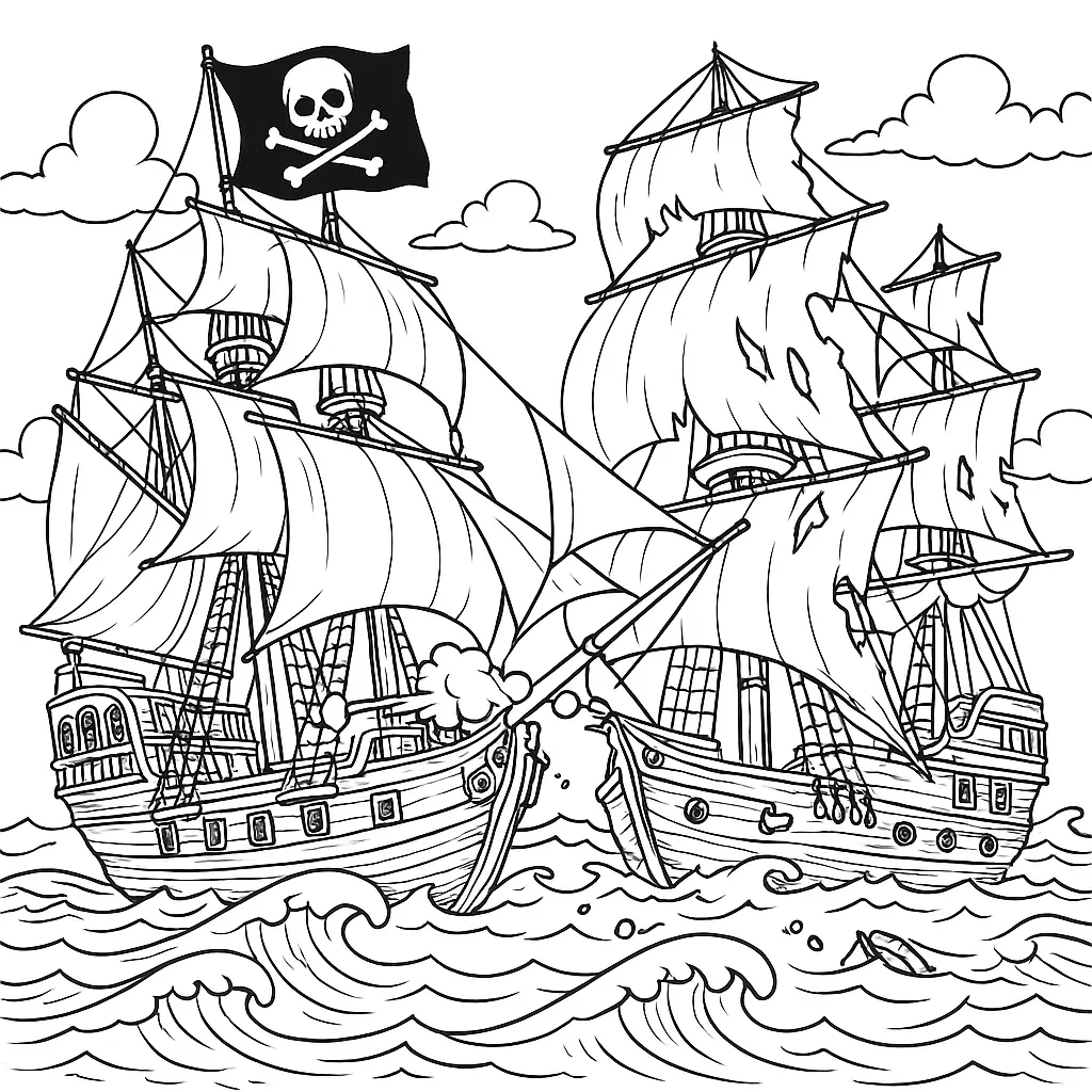 Zwei Piratenschiffe im Kanonenkampf auf offener See – Piraten Ausmalbild