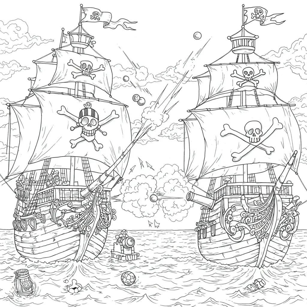 Ausmalbild mit zwei Piratenschiffen im Kampf auf hoher See – kostenlose Piratenschiff Ausmalbilder für Kinder als PDF zum Ausdrucken