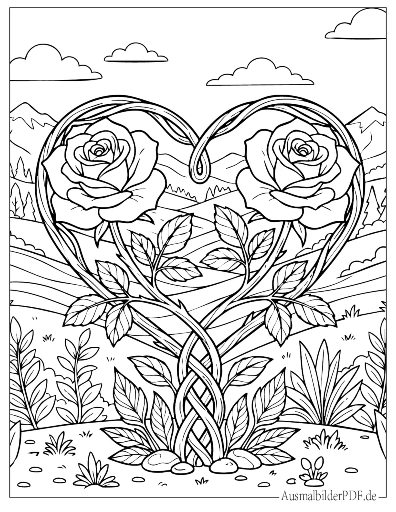 Ausmalblatt mit zwei Rosen, die ein Herz formen, kindgerecht gestaltet zum Ausdrucken und Ausmalen