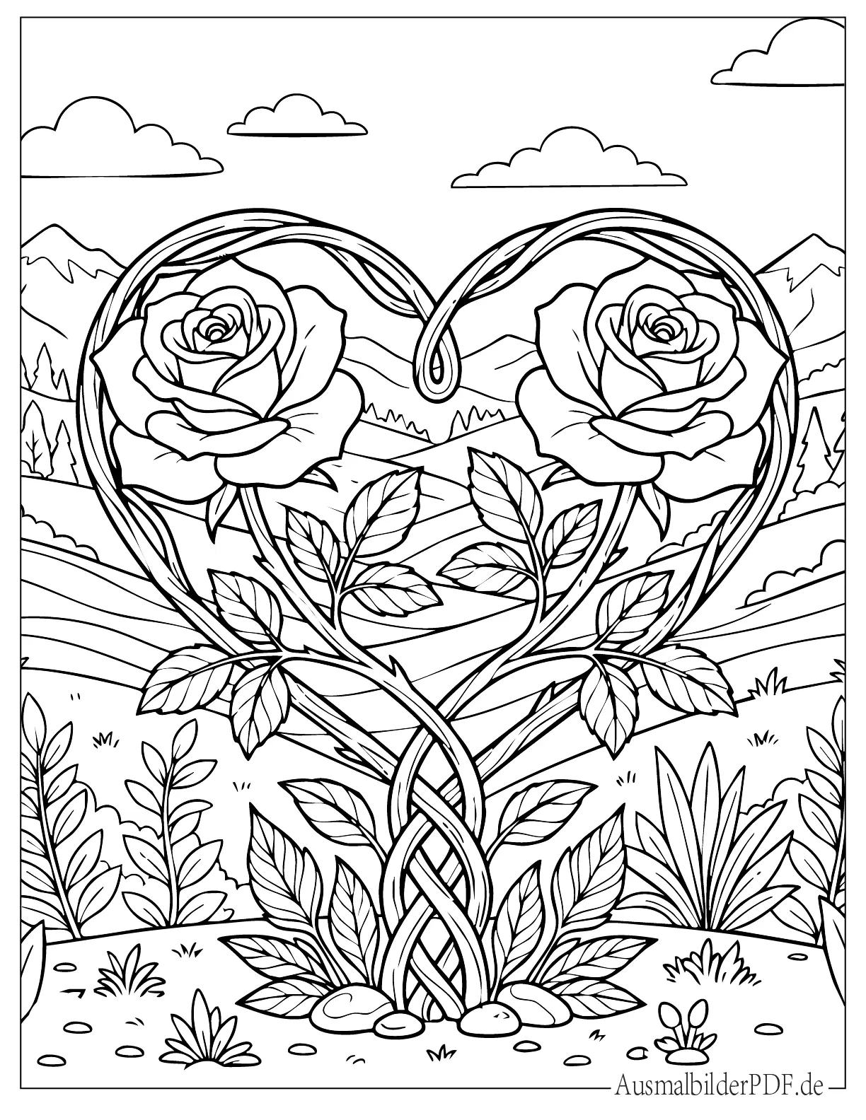 10 Rosen Ausmalbilder (Gratis Vorlagen zum Ausdrucken) Zwei Rosen bilden ein Herz Ausmalvorlage