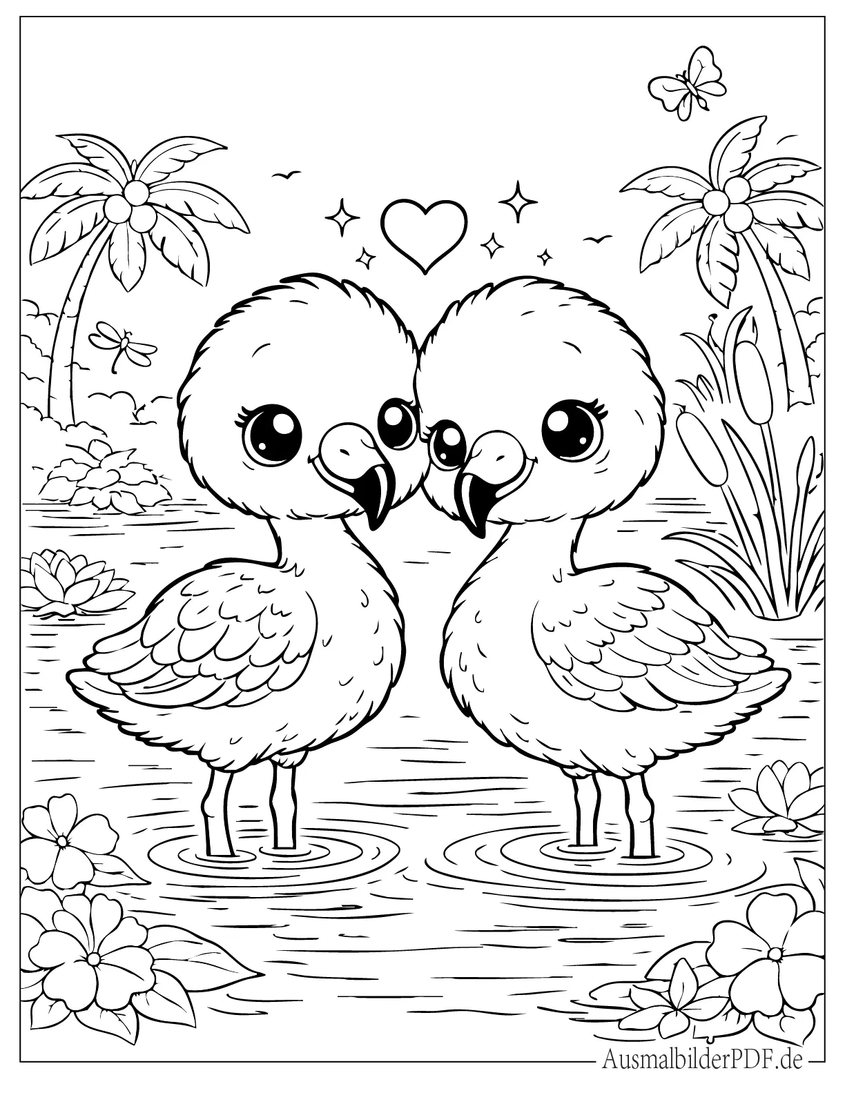 Zwei süße Kawaii Flamingo Babys zum Ausmalen